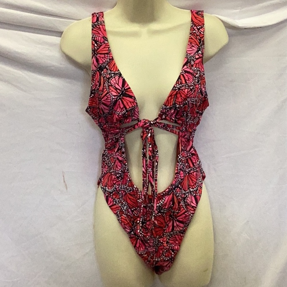 Toluca swim one piece red and pink butterfly.